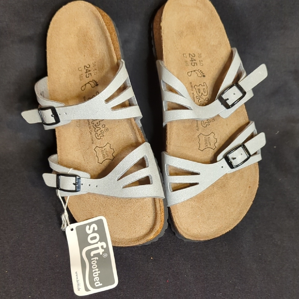 Birki's Soft Footbed Double Strap Sandals in Light Gray Silver